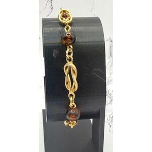 Signed Avon Gold Tone Brown Glass Bead Bracelet 7" Fold Over Clasp